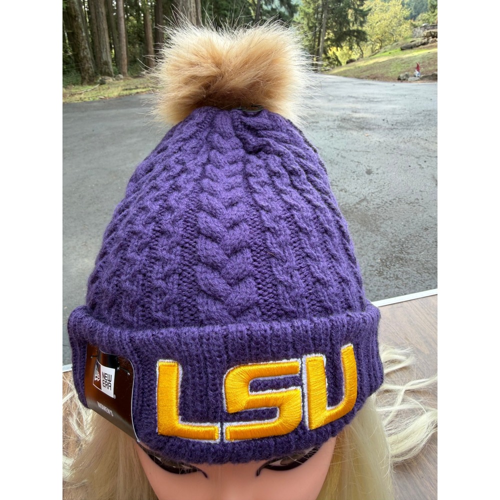 New Era LSU Tigers Womens Luxe Cable Knit Pom Beanie Purple Gold OSFM NWT
